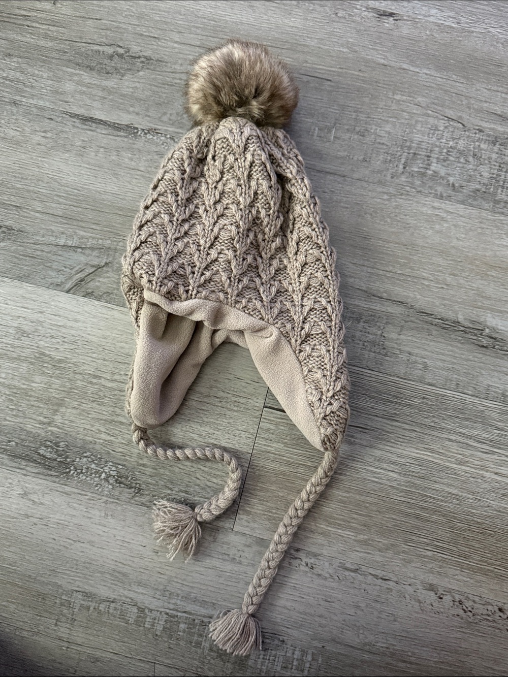 GAP Kids Taupe Cable-Knit Earflap Hat with Faux Fur Pom